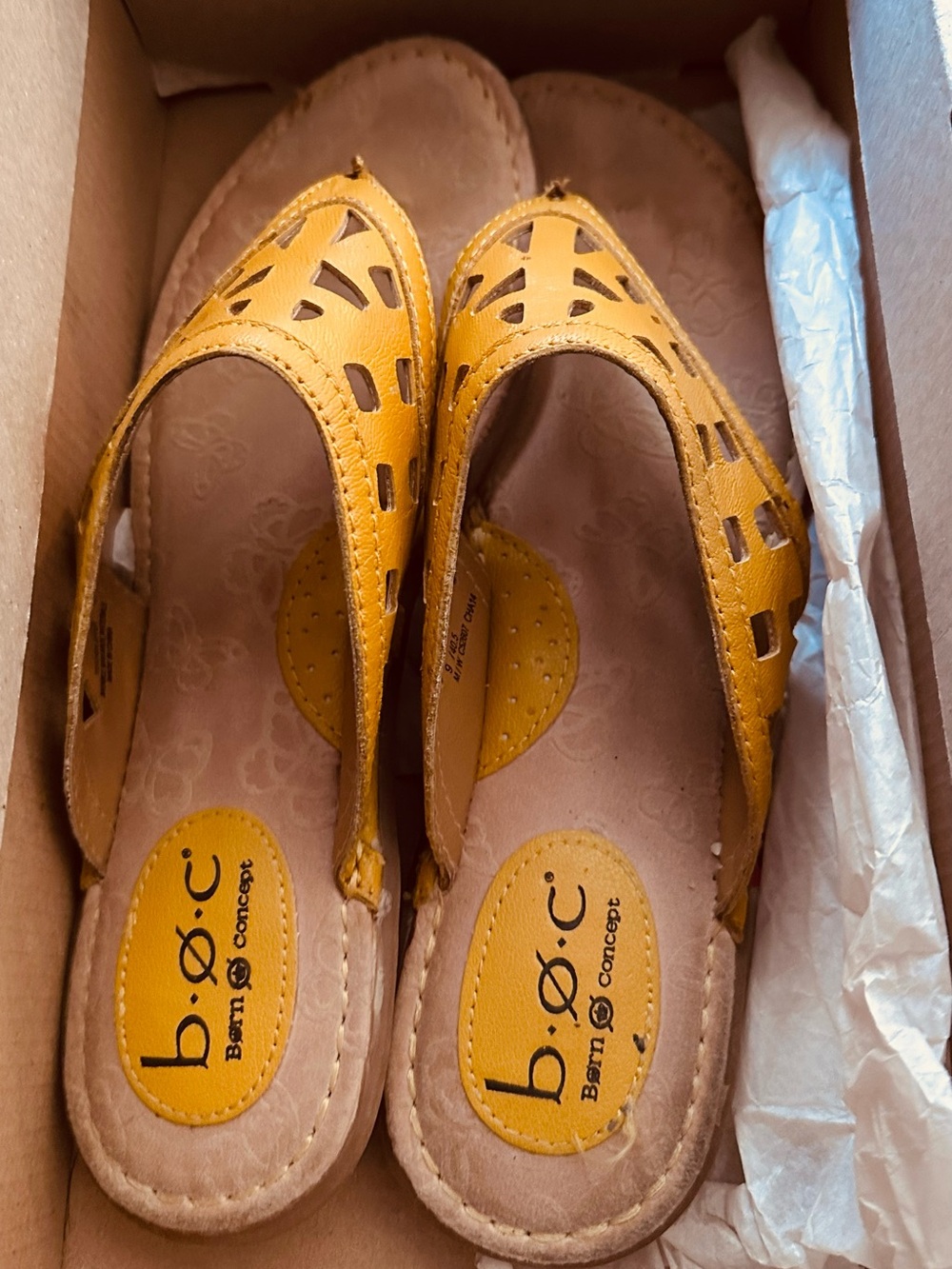 b.o.c. Mustard Yellow Cutout Leather Slingback Clogs